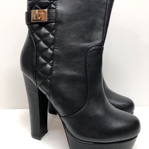 Bamboo Black Chunky High Heel-Quilted Buckle-Ankle Bootie- Size 6